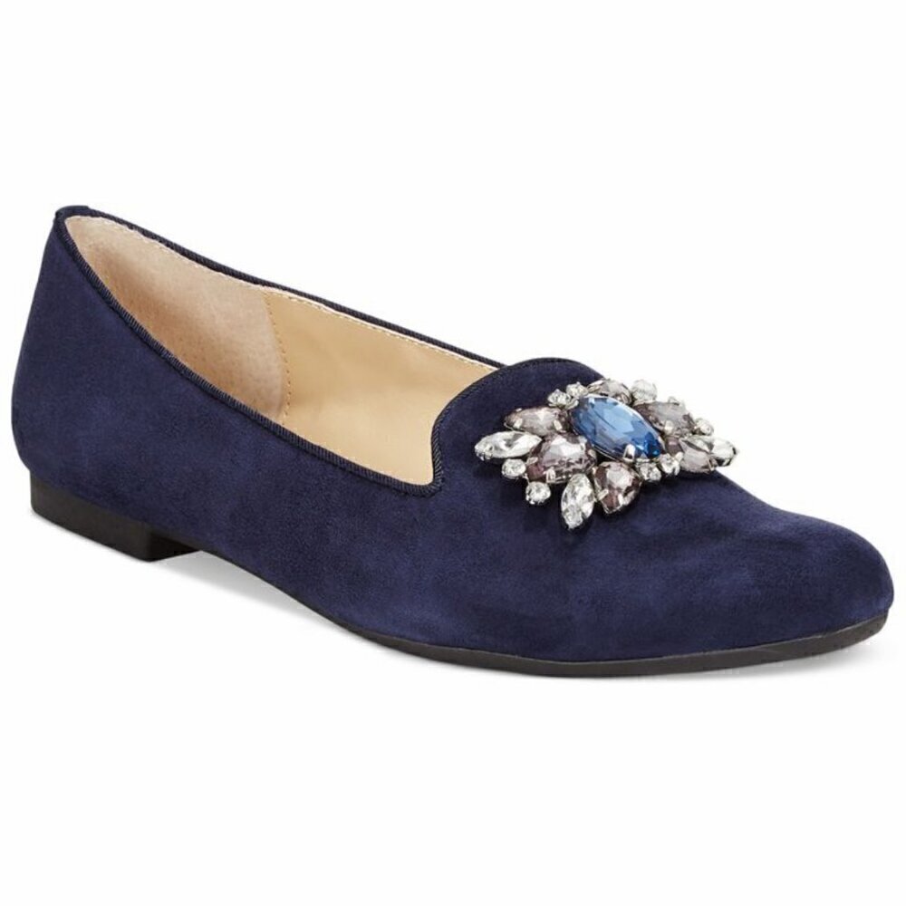 Adrienne Vittadini SZ 7.5 Navy Suede Dani smoking flats jewel medallion dressy